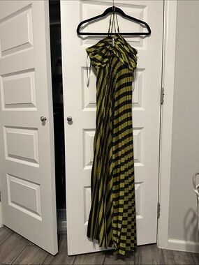 Anthropologie Olive Green and Black Striped Halter Maxi Dress